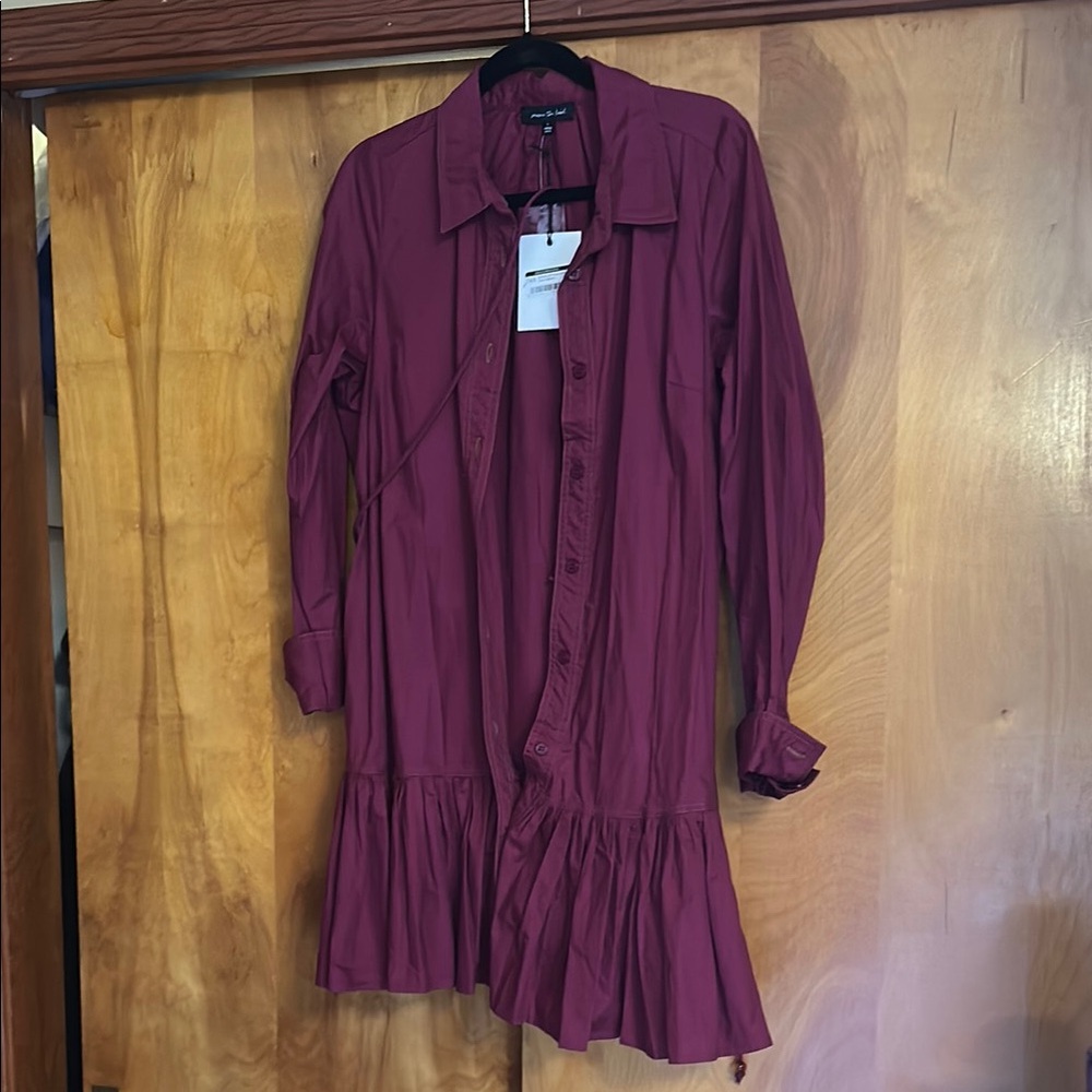 Dark red poplin shirt dress with ruffles size large